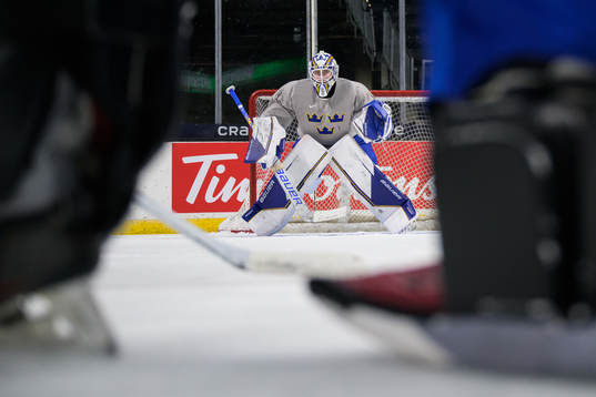 Goaltender Jesper Wallstedt of Sweden at a training session