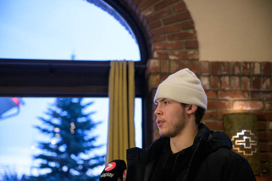 Goaltender Jesper Wallstedt of Sweden is being interviewed