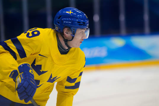 Pontus Holmberg of Sweden at warm-up in an ice hockey