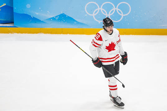 Owen Power of Canada in an ice hockey preliminary round
