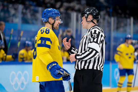Anton Lander of Sweden talks to the referee Gleb Lazarev in