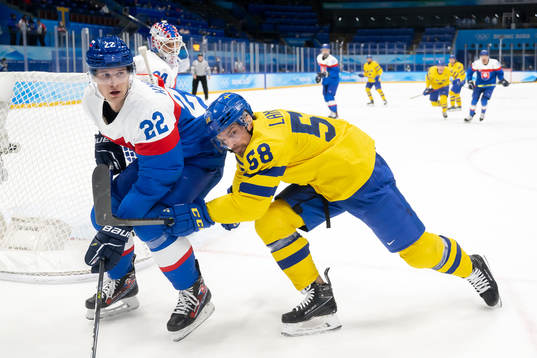 Samuel Knazko of Slovakia and Anton Lander of Sweden in the