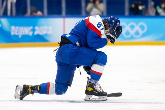 Pavol Regenda of Slovakia in pain in the men's ice hockey