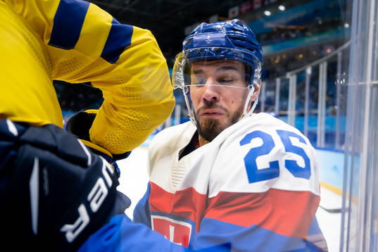 Peter Zuzin of Slovakia in the men's ice hockey bronze