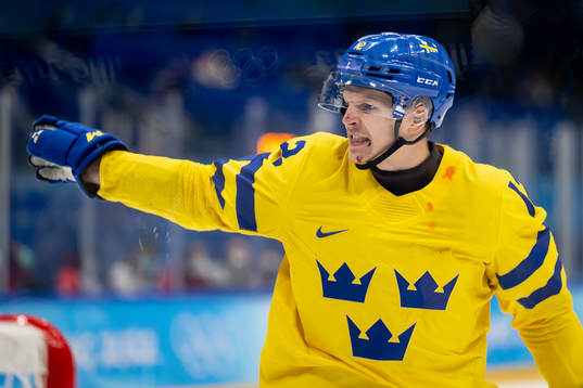 Max Friberg of Sweden reacts in the men's ice hockey bronze