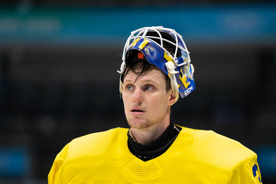 Goaltender Lars Johansson of Sweden looks dejected