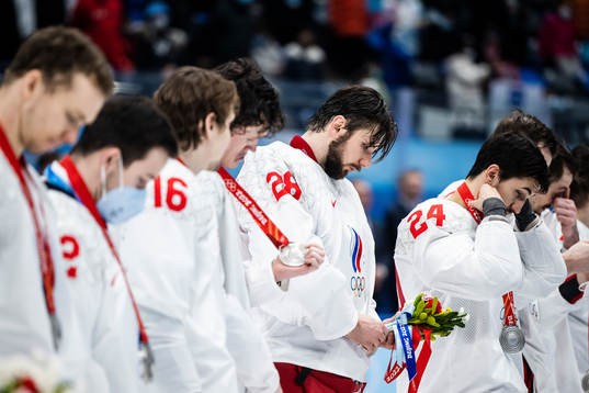goaltender Ivan Fedotov of Russia looks dejected