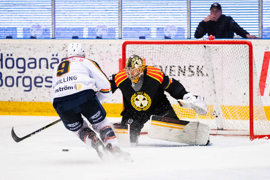 Djurgårdens Cameron Schilling och Brynäs målvakt Veini