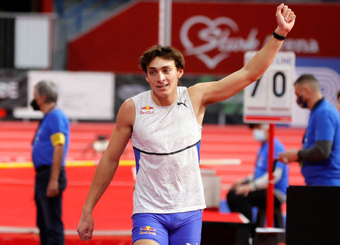 Armand Duplantis of Sweden celebrates jumping