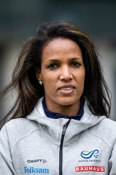 Meraf Bahta of the Swedish athletics team poses for a