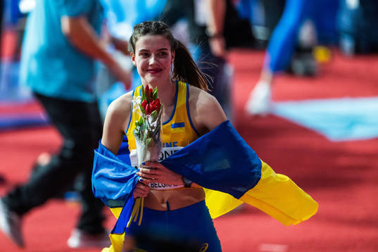 Yaroslava Mahuchikh of Ukraine celebrates winning women’s