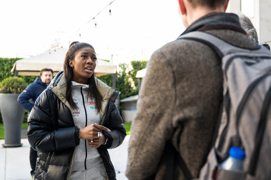 Khaddi Sagnia of the Swedish athletics team is interviewed