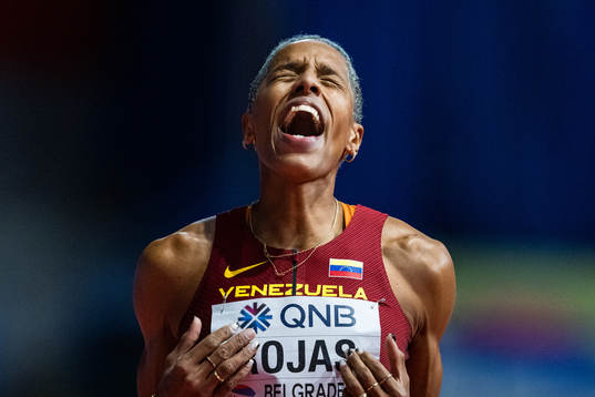 Yulimar Rojas of Venezuela celebrates winning women’s