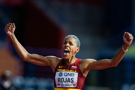Yulimar Rojas of Venezuela celebrates winning women’s