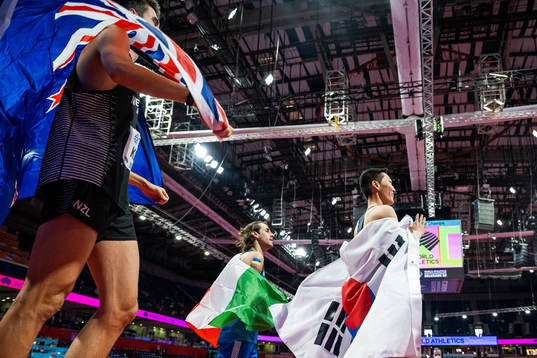 Gianmarco Tamberi of Italy and Sanghyeok Woo of South Korea