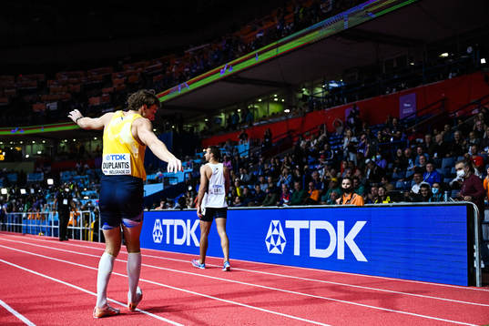 Armand Duplantis of Sweden celebrates when competing in