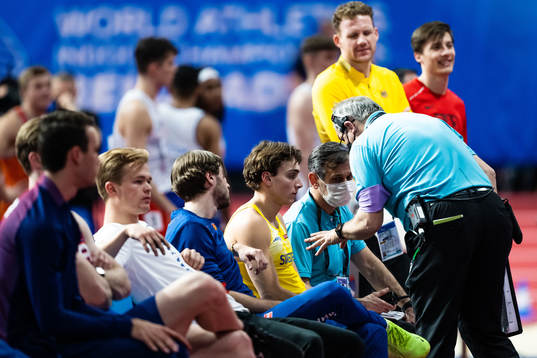 Armand Duplantis of Sweden waits for an attempt to set a