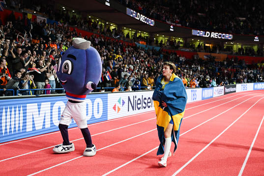 Armand Duplantis of Sweden celebrates jumping