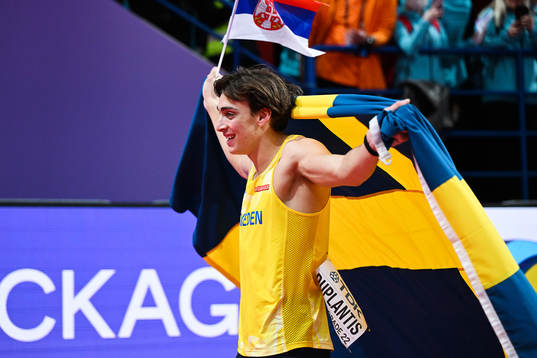 Armand Duplantis of Sweden celebrates jumping