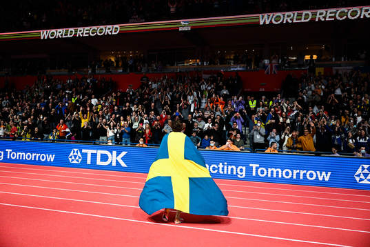 Armand Duplantis of Sweden celebrates jumping