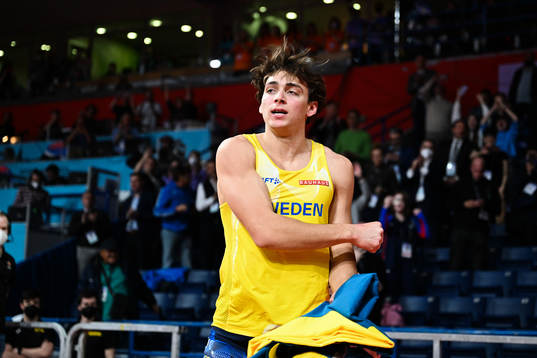 Armand Duplantis of Sweden celebrates jumping