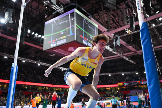 Armand Duplantis of Sweden celebrates jumping