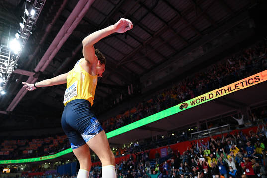Armand Duplantis of Sweden celebrates jumping