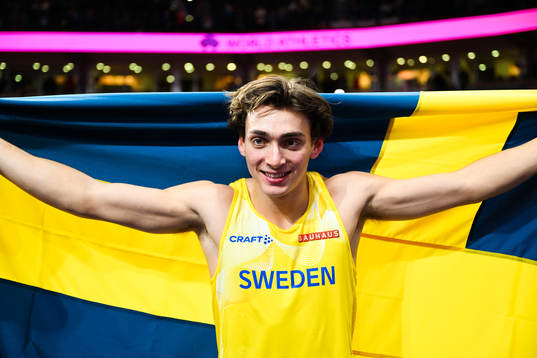 Armand Duplantis of Sweden celebrates jumping