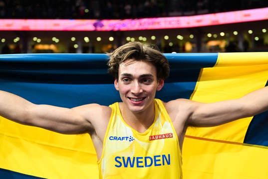 Armand Duplantis of Sweden celebrates jumping