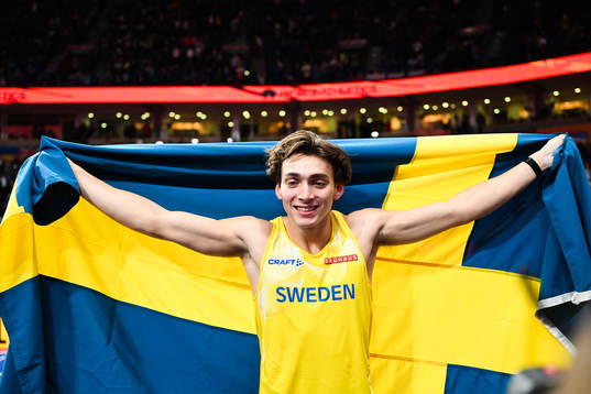 Armand Duplantis of Sweden celebrates jumping