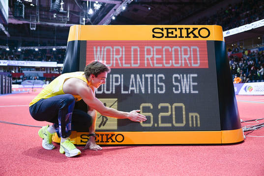 Armand Duplantis of Sweden celebrates jumping