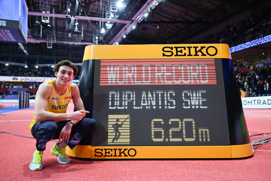 Armand Duplantis of Sweden celebrates jumping