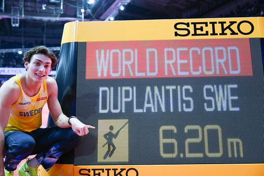 Armand Duplantis of Sweden celebrates jumping