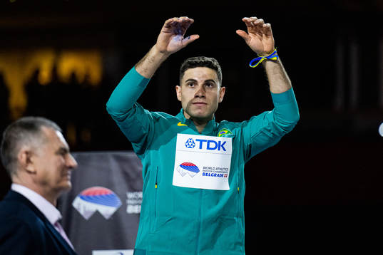 Thiago Braz of Brazil (silver) celebrates