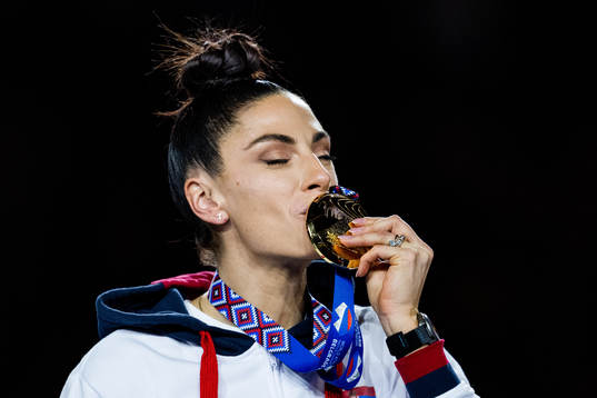 Ivana Vuleta of Serbia celebrate with her gold medal