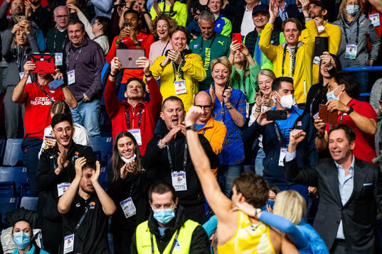 Armand Duplantis of Sweden celebrates in front of