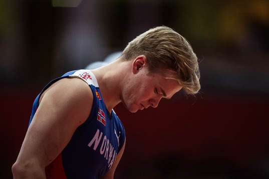 Sondre Guttormsen of Norway looks dejected  in men's pole