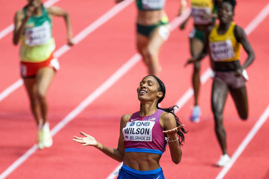 Ajee Wilson of USA celebrates as she wins women’s 800