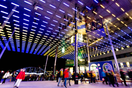 The Swedish flag portrayed by lights at Mall of Scandinavia