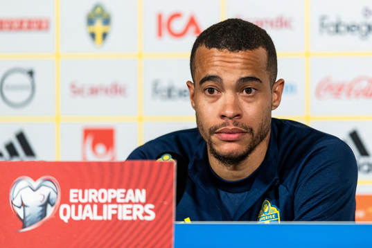 Robin Quaison of Sweden at the press conference