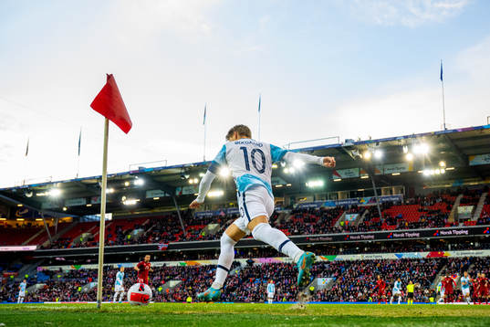 Martin Ødegaard of Norway takes a corner kick