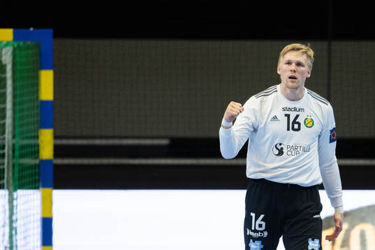 Goalkeeper Bertram Obling of Sävehof celebrates
