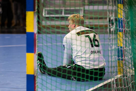 goalkeeper Bertram Obling of Sävehof looks dejected