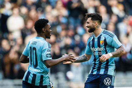 Djurgårdens Joel Asoro och Sead Haksabanovic jublar