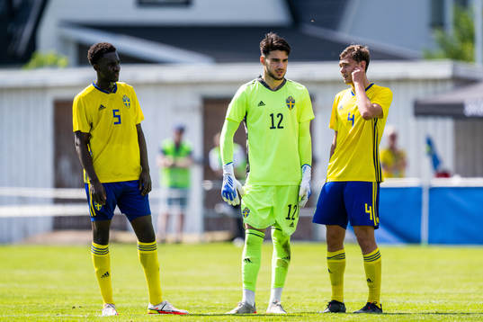 Sveriges Peter Amoran, målvakt Daniel Henareh och Casper
