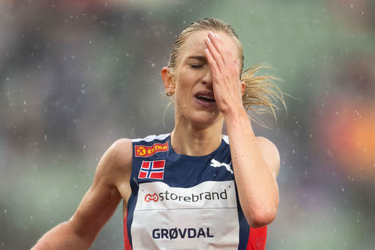 Karoline Bjerkeli Grøvdal of Norway looks dejected