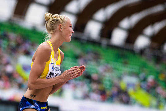 Maja Nilsson of Sweden celebrates when competing in