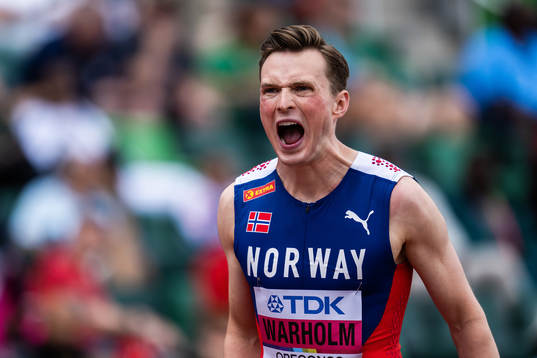 Karsten Warholm of Norway celebrates
