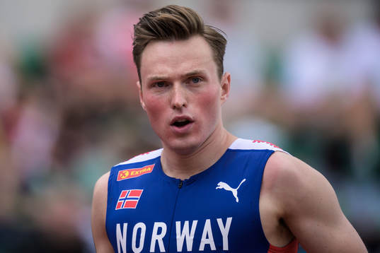 Karsten Warholm of Norway in men’s 400 meter hurdles