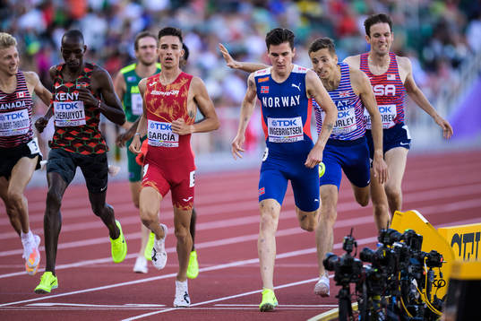 Jakob Ingebrigtsen of Norway finishes when competing in